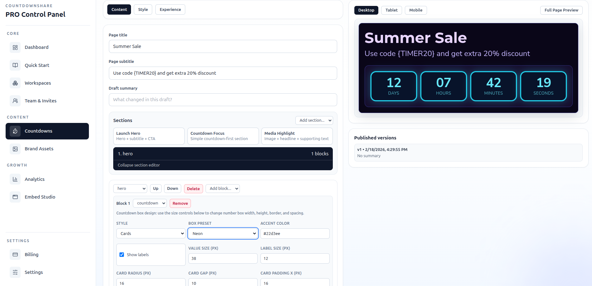 CountdownShare PRO builder with live desktop preview