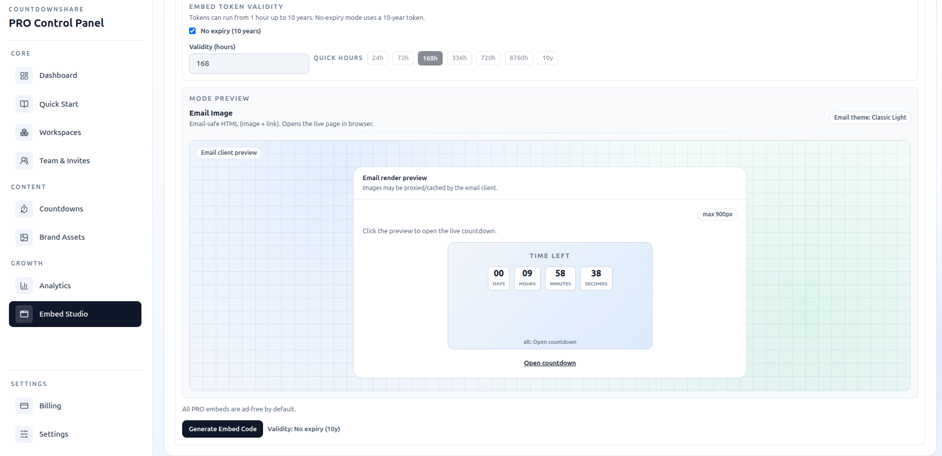 CountdownShare PRO Embed Studio email image preview interface