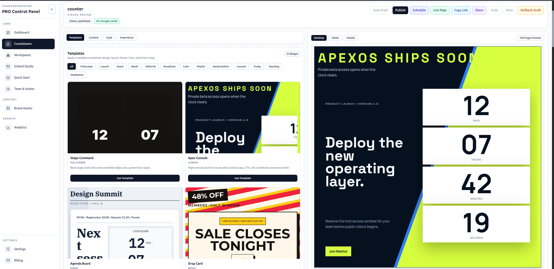 CountdownShare PRO countdown design templates in the builder